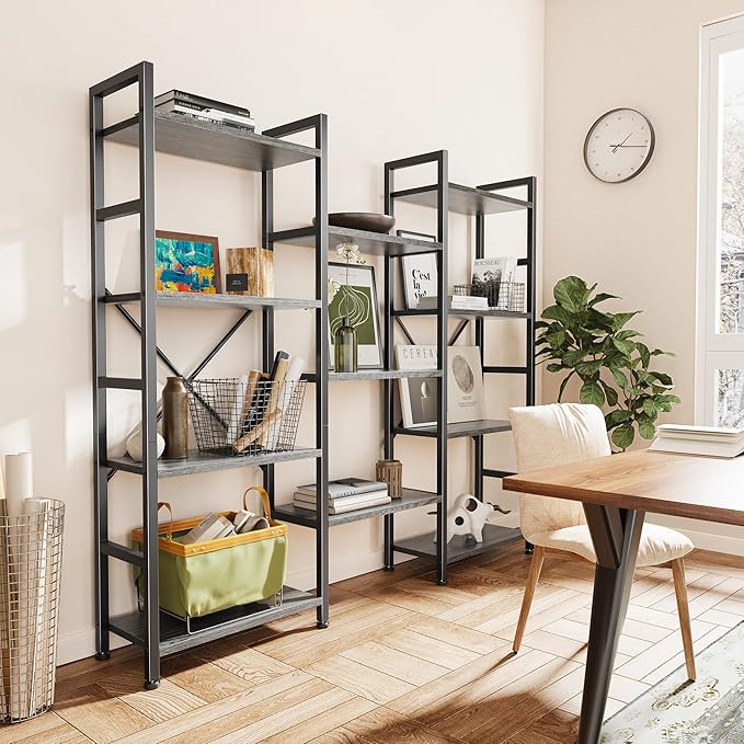 SUPERJARE Triple 4 Tier Bookshelf, Bookcase with 11 Open Display Shelves, Wide Book Shelf Book Case for Home & Office, Grey