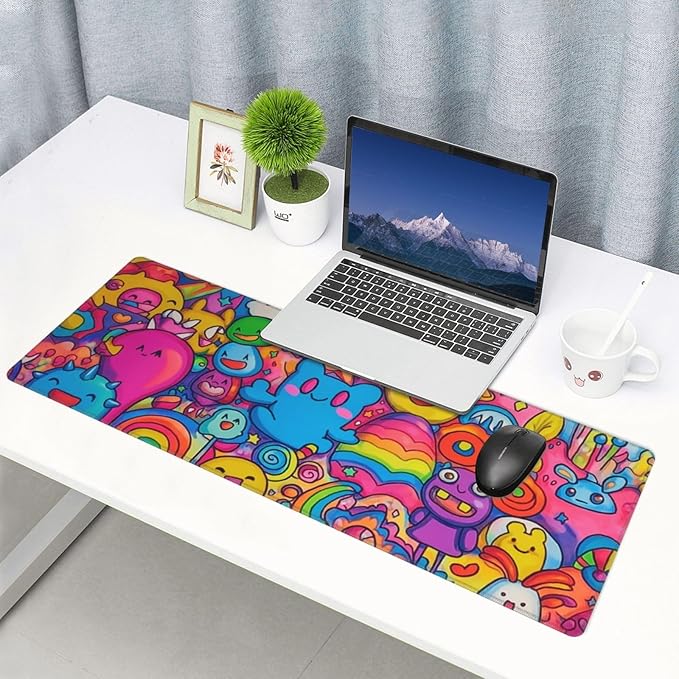 Cartoon Mouse Pad 31.5 X 11.8 Inch Big Desk Rubber Base Stitched Edges Keyboard Pad XXL Mouse Mat for Home Game and Office