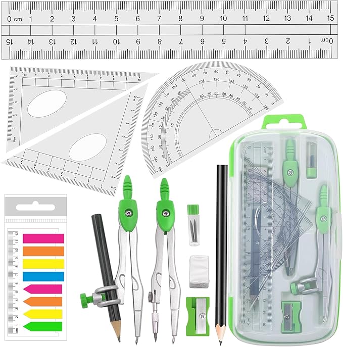 Geometry Compass Kit Starter Maths Set with 2 Drafting Compasses Protractor Set Squares Ruler and More for Students Maths Study, Green