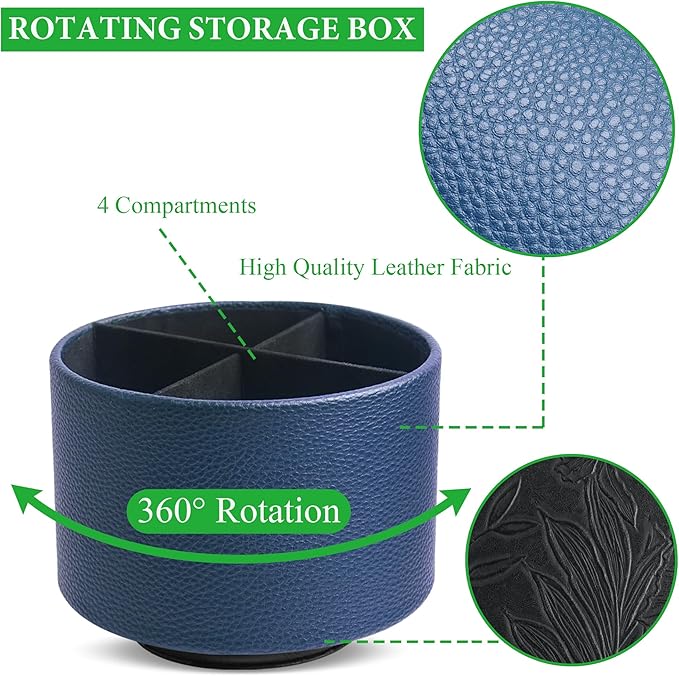 Hennaja Round Leather Art Supply Organizer,Remote Control Holder,360 Degree Spinning,Multi-Functional Pencil Holder,4 Compartments Desktop Stationary Organizer(1-Lichee Blue)