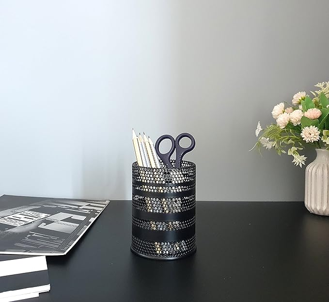 Metal Mesh Pen Pencil Cup Holder Stand Office Desk Organizer Stationery Caddy, Black (2 Pack)