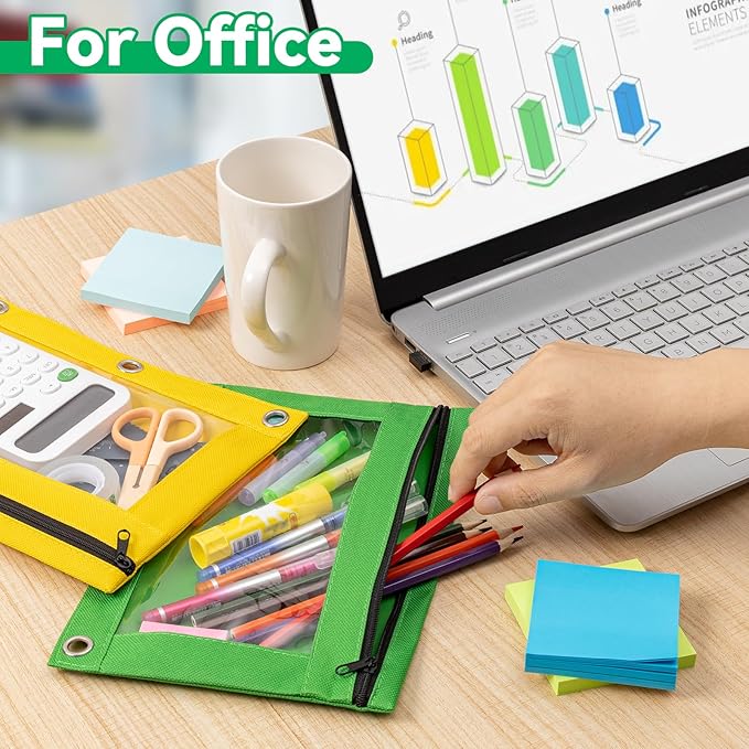 V-Opitos 72 Packs Pencil Pouch for 3 Ring Binder, Bulk 3-Holes Zipper Pencil Pouches in Assorted Colors, Sturdy and Durable Cloth Pencil Case with Clear Window for Office School College Supplies