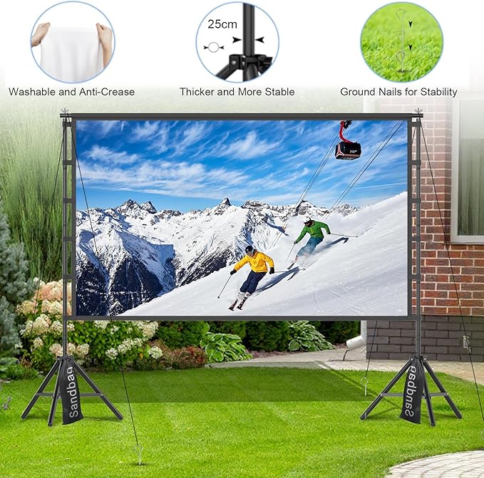 Outdoor Projector Screen with Stand, TOWOND 120 inch Portable Movie Screen, 16:9 HD Foldable Anti-Crease Projection Screen with Carry Bag for Home Theater Outdoor Indoor Support Double Sided