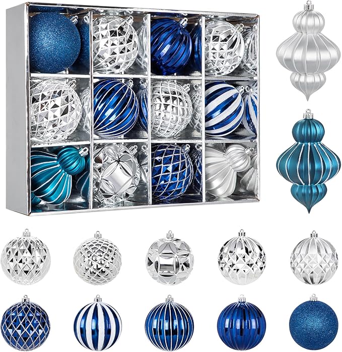 4" Christmas Ball Ornaments Set 12PCS Large Shatterproof Plastic Ornaments Christmas Tree Ball Hanging Ornaments for Xmas Tree Wedding Party Holiday Decorations - Silver, Blue