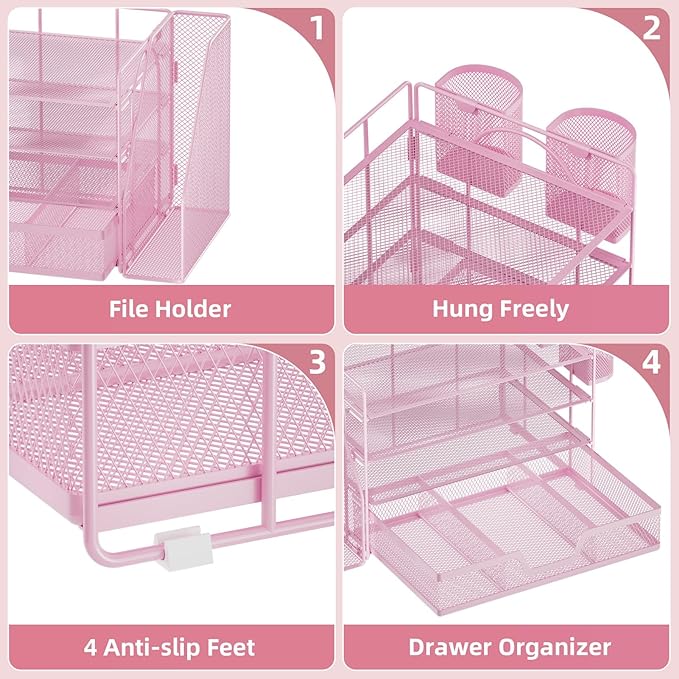 Marbrasse Desk Organizer and Accessories，4-Tier Paper Letter Tray Organizer with File Holder, Workspace Desk Organizers Accessories with Drawer and 2 Pen Holder (Pink, 15.4" x 9.1" x 8.3")