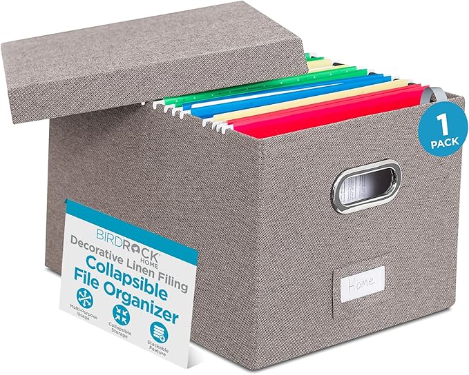 Internet's Best Collapsible File Box Storage Organizer with Lid - Decorative Linen Filing & Storage Office Boxes – Hanging Letter/Legal Folder – Home Office Bins Cabinet – Grey Container - 1 Pack