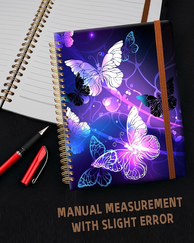 Ruled Spiral Writing Notebook,A5 Hardcover Lined College Journal for Women Lady,Fashion Puppy Watercolor Strong Twin-Wire Binding with Premium Paper,8.4" X 6",Perfect for School,Office,Home Gifts(Night Glowing Butterfly)