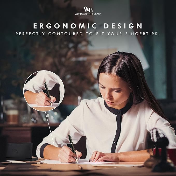 Wordsworth & Black Fountain Pen Set, 18K Gilded Medium Nib, Includes 24 Pack Ink Cartridges, Ink Refill Converter & Gift Box, Gold Finish, Calligraphy, [Black Rose Gold], Perfect for Men & Women