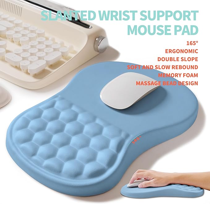 2-in-1 Ergonomic Set, Wave Rise Keyboard Wrist Rest and Massage Bulge Slope Mouse Pad Wrist Support, Cushion Memory Foam Integrated to Relieve Wrist Pain, Lake Blue