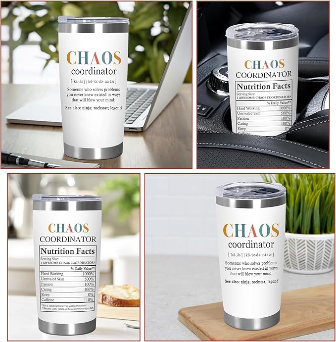 TEEZWONDER Christmas Thank You Gifts For Women - Chaos Coordinator Insulated Coffee Tumbler with Lid 20 oz - Teacher Retirement Appreciation Birthday Gifts for Women Friends Coworkers Boss Employee