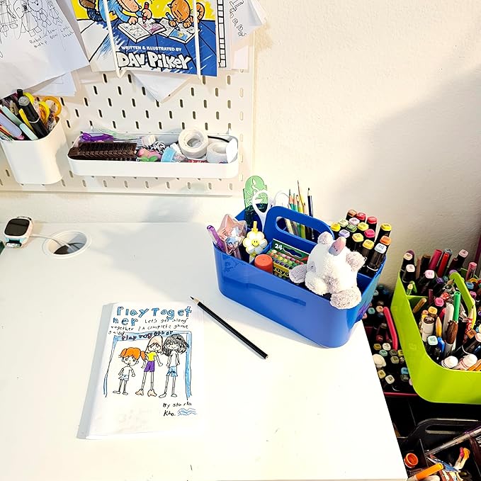 2 Pack Small 6 Compartment Multiuse Caddy Organizer with Handle Art Craft Supplies, Office, Desk, Stationery Pen Holder Stackable- Made In USA (Red/Blue)