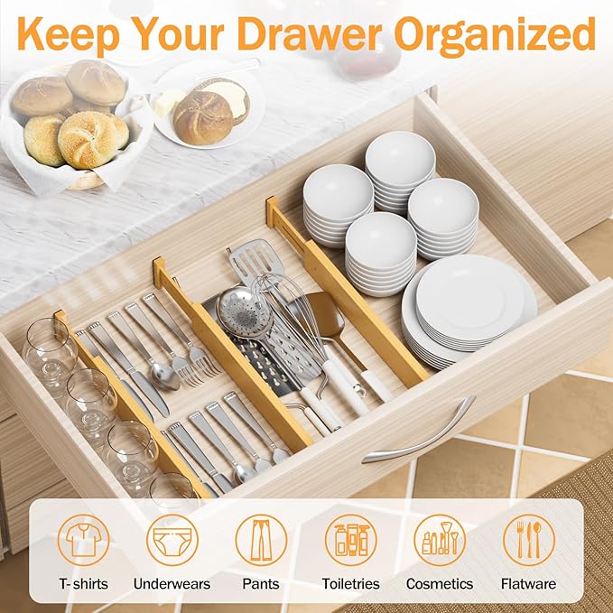BAMBUROBA Bamboo Drawer Dividers, Adjustable Organizer for Kitchen & Bedroom, Expandable 17-22" Drawer Separators, 4-Pack