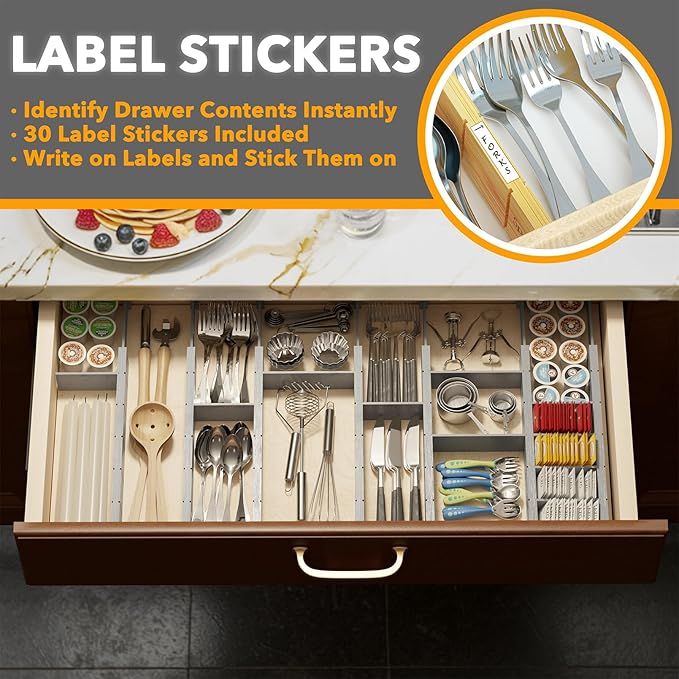 SpaceAid Bamboo Drawer Dividers with Inserts and Labels, Kitchen Adjustable Drawer Organizers, Expandable Organization for Home, Office, Dressers, 7 Dividers with 15 Inserts (17"-22" Gray)