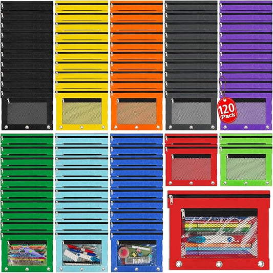 IKAYAS 120 Pack Pencil Pouch for 3 Ring Binder bulk Binder Pencil Pouch with Zipper, Pencil Pouches Pencil Bags for Classroom bulk Pencil Box Pencil Case for Storing School Students Teacher Supplies