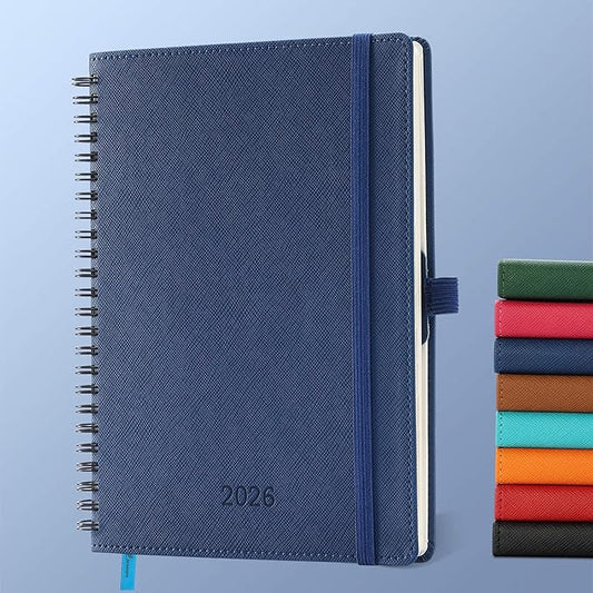Planner 2026 Daily Weekly and Monthly,8.5"x6.5",12 Months Spiral Bound Calendar Agenda with Self-adhesive Pen Holder,2026 Appointment Book with Vegan Leather Soft Cover,Blue