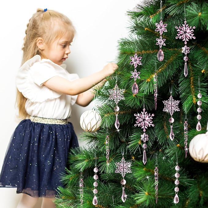 18pcs Crystal Christmas Ornaments for Christmas Tree Decorations-Pink Hanging Acrylic Snowflake and Icicle Ornaments with Drop Pendants for New Year Party Decorations Supplies