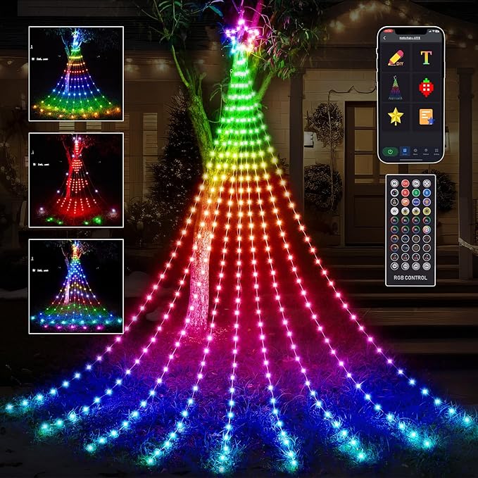 11.8 FT Christmas Decorations Outdoor Star String Lights,Smart APP Remote Control RGB Color Changing DIY 344 LED Waterfall Lights for Garden Yard Outdoor Xmas Decorations