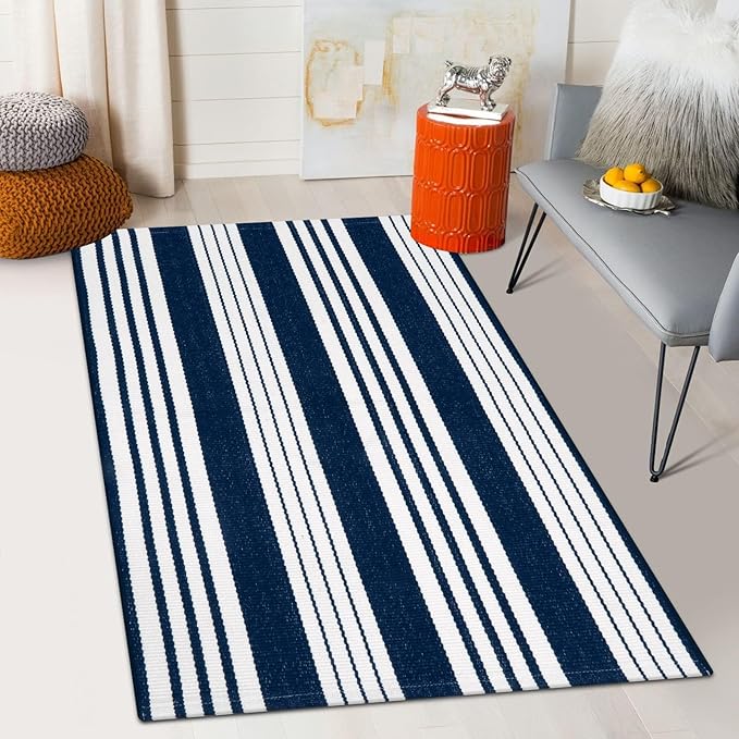OJIA Blue and White Outdoor Rug 3’x5‘ Cotton Woven Christmas Striped Front Porch Rug Machine Washable Indoor Outdoor Rugs Farmhouse Entry Rug Layered Door Mat for Entryway/Kitchen/Laundry/Living Room