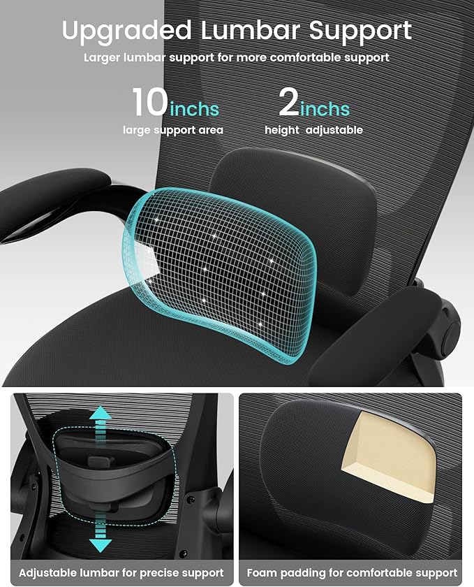 Office Chair, Ergonomic Desk Chair with Adjustable Lumbar Support and Flip up Armrest, Breathable Mesh Computer Chair for Home Office, Black