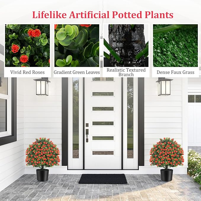 Goplus 21.5’’ Artificial Rose Topiary Ball Tree, Set of 2 Faux Potted Plants Artificial Shrubs Bushes with Flowers, Fake Evergreen Artificial Topiary for Indoor Outdoor Home Front Porch Decor