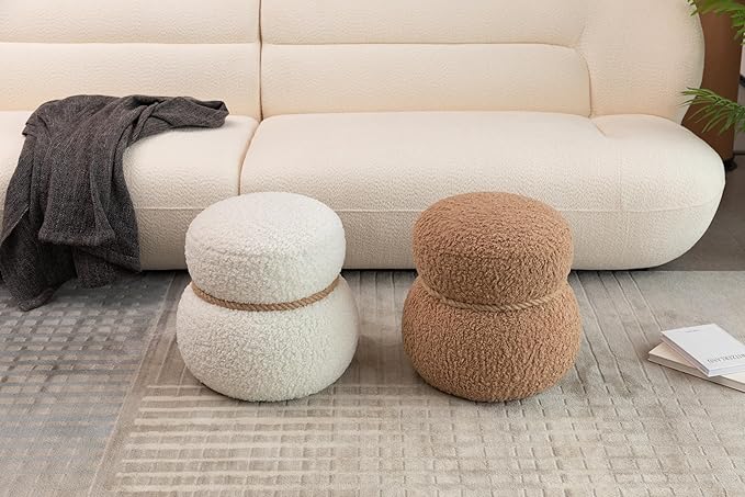 MEETAKING Small Round Foot Stool, Teddy Fabric Footrest Ottoman Stool with Non-Skid Legs, Modern Footstools Step for Couch, Desk, Office, Living Room (Beige)