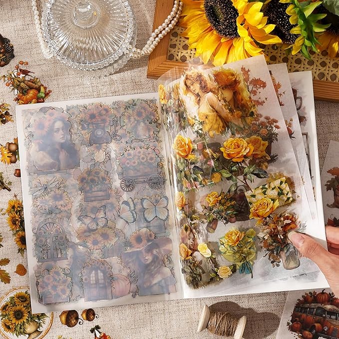 TIAMECH Harvest Overflows Sticker Book - Rich Fall Series, 20 Sheets PET & Washi Stickers for Scrapbooking, Ephemera, Waterproof Junk Journaling Supplies & DIY Crafts (Size 10.5 x 7.1in)
