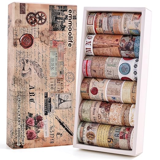 34 Rolls Vintage Washi Tape Set,Letter Map Stamp Stripe Literature Art Writable Aesthetic Washy Decorative Tapes for Scrapbooking, Junk Journal Supplies, Bullet Journaling 5-50mm Wide (3m Long)/Roll