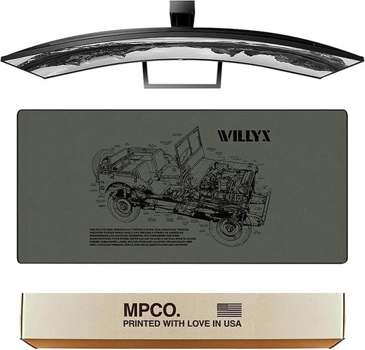 MPCO. Blueprints Large Gaming Desk Pad - 36" x 17" Duraglyde Fabric Willys Jeep – Green Desk Mats - Non-Slip, Washable, Smooth Glide for Precision Gaming & Work