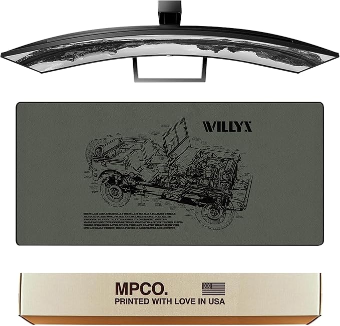 MPCO. Blueprints Large Gaming Desk Pad - 36" x 17" Aeroglyde Fabric Willys Jeep – Green Desk Mats - Non-Slip, Washable, Smooth Glide for Precision Gaming & Work
