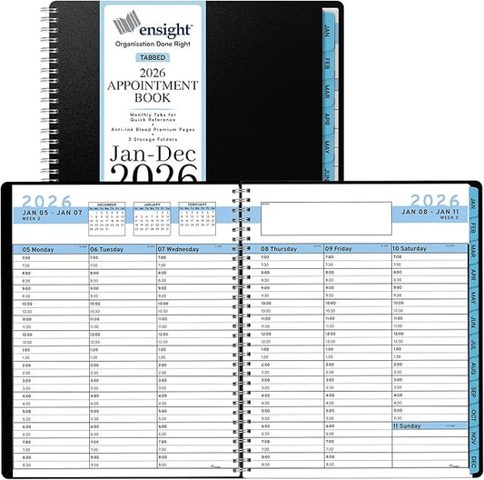 Ensight 2026 Appointment Book and Planner 6.5" x 8.5" Large Hourly Weekly Daily Schedule Book with Tabs, 30 Minute Time Slots, Blue Calendar Organizer Jan 2026–Dec 2026 Appointment Planner - Blue