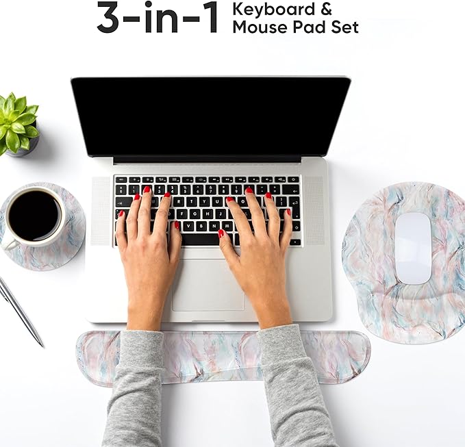 RICHEN Mouse Pad and Keyboard Wrist Rest, 3-in-1 Computer Mousepad and Coaster Set, Non-Slip Keyboard Wrist Rest and Mouse Pad Set Ergonomic Design(YKMWR-60)