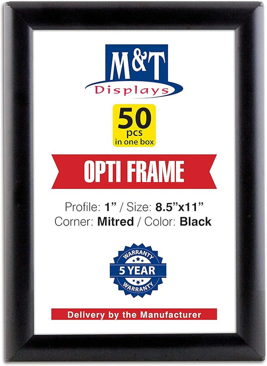 M&T Displays 8.5 x 11 Picture Frame, Front Loading Diploma Frame, Black Color, 1" Profile Size, 50 Packs