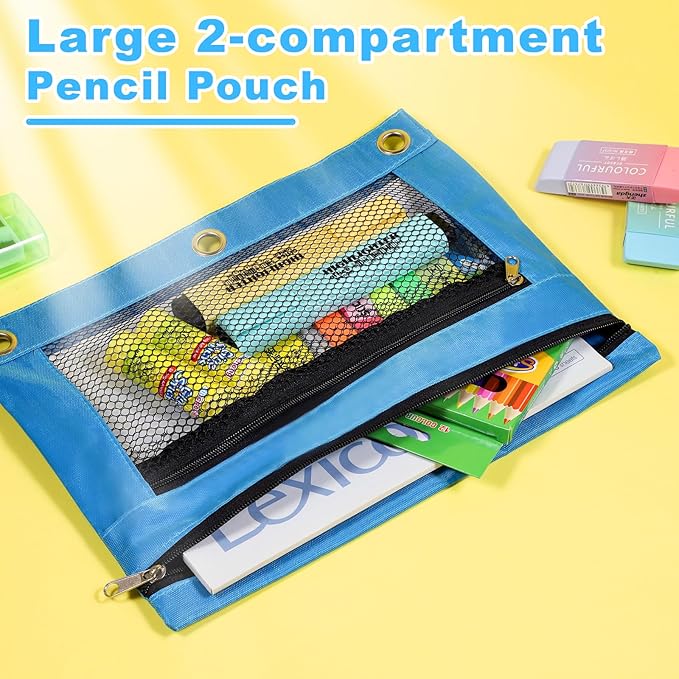 12PCS Pencil Pouches for 3 Ring Binder, 10"x7.5" Zippered Binder Pouch, Double Layer Clear PVC & Mesh Pencil Bags, 12 Colors (2 Each) for School, Office, Travel & Home Organization