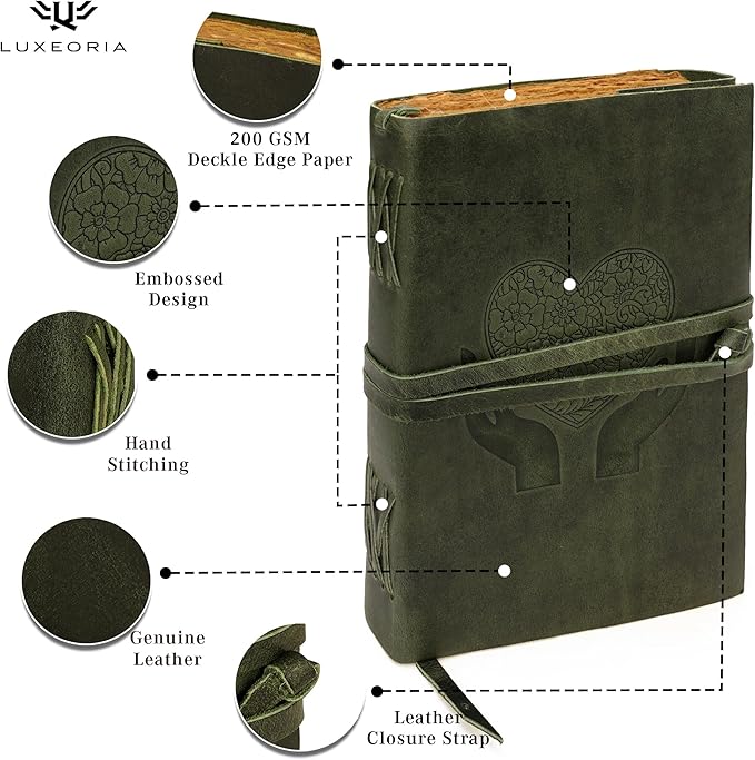 LUXEORIA Heart Journal for Women and Men, Handcrafted Leather Journal for Writing Womens, Sketchbook, Travel Diary with Unlined Deckle Paper, Dark Green 7x10