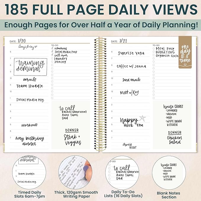 bloom daily planners Undated To-Do List Planner with Hourly Timed Schedule for Appointments - 185 Daily Pages (Half Year) - Hard Cover Page A Day Agenda (7” x 9”) - Purple Linen