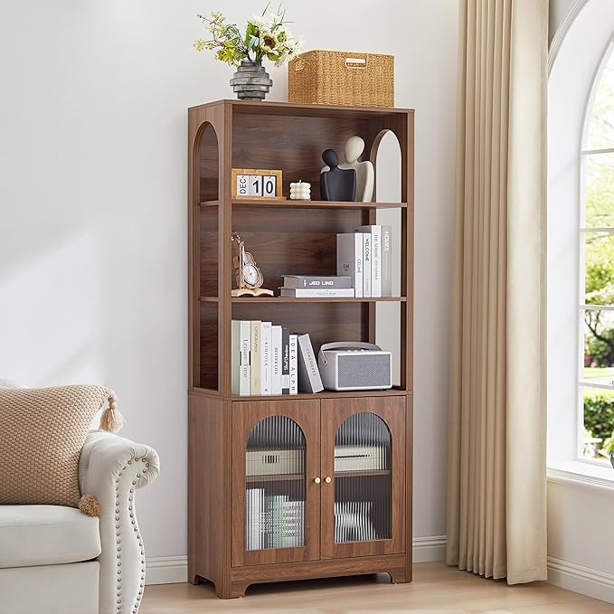 RARZOE 71" Tall Bookshelf and Bookcase, 5-Tier Arched Bookshelf with Glass Doors, Floor Standing 5 Shelf Book case, Wood Display Cabinet Storage Organizer for Living Room, Bedroom, Office(Walnut)
