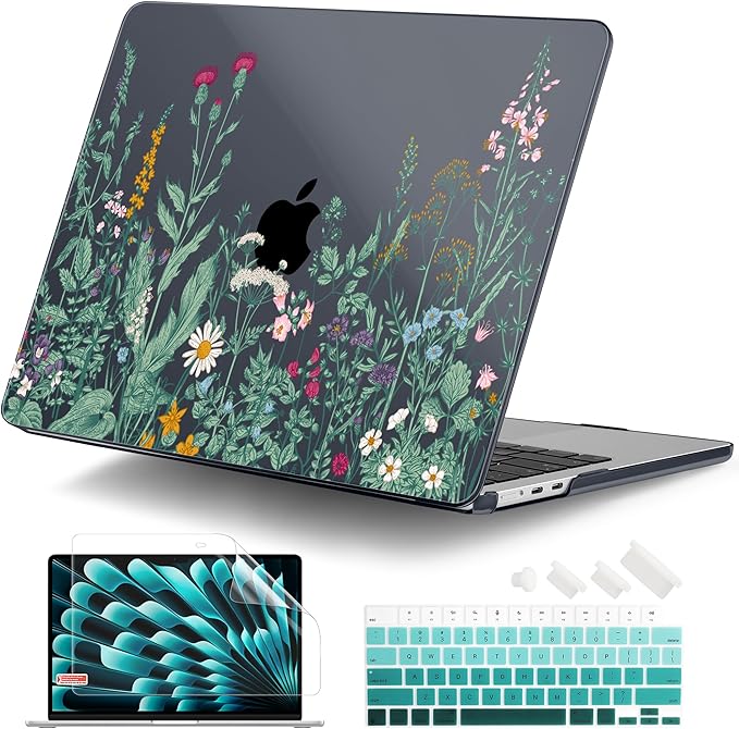 DONGKE Compatible with M4 MacBook Air 15 inch Case 2025 2024 2023 A3241 A3114 A2941 M3 M2 Liquid Retina Display Touch ID, Plastic Hard Case & Keyboard Skin & Screen Protector - Garden Florals