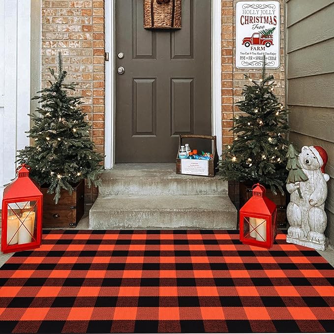 Fall Plaid Area Rug 4x6 Ft, Orange and Black Buffalo Check Large Farmhouse Cotton Rug, Hand-Woven Washable Indoor Outdoor Carpet for Halloween Thanksgiving Autumn Porch Patio Decor