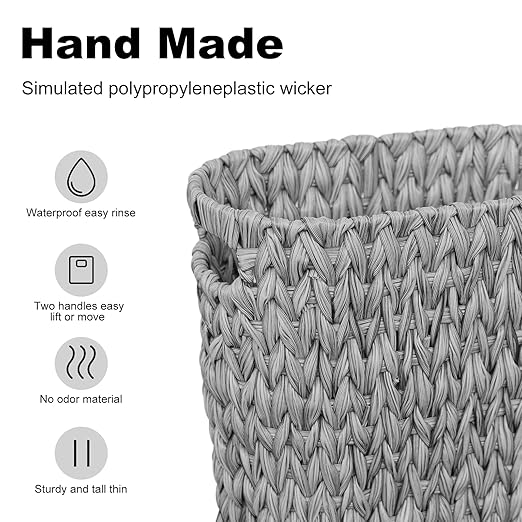 5 Gallon Wicker Trash Can,Wicker Bathroom Trash Can with Handles,Handwoven Waste Basket Waterproof Narrow Small Garbage Can for Bedroom,Bathroom,Office,Grey/20 Liters