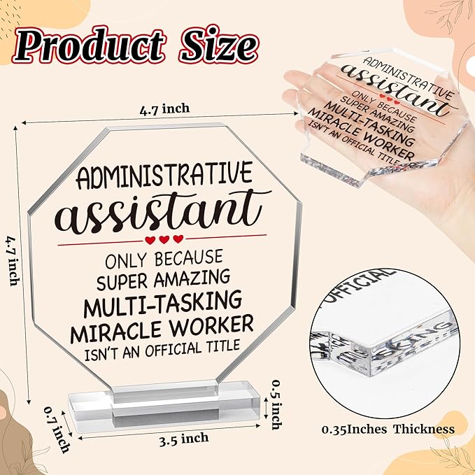 Yopyame Administrative Assistant Appreciation Gifts - Secretary Appreciation Day Gift Acrylic Keepsake Paperweight Clear Desk Decorative Sign Acrylic Plaque with Stand for Office Desk Table Shelf Home