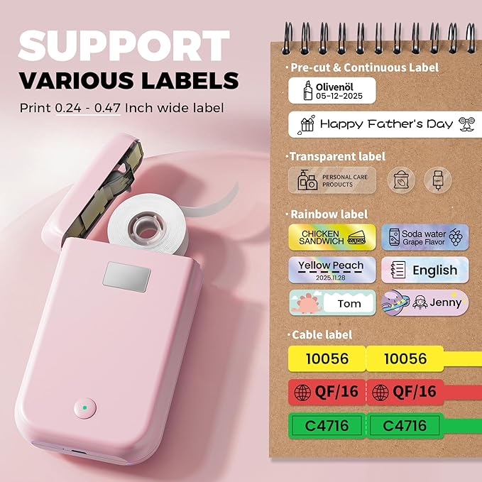 Label Maker Machine with Tape, Label Makers with Multiple Templates, Mini Label Maker Widely Used in Home Office School Organization, Bluetooth Label Printer Easy to Use for Small Labels, Pink