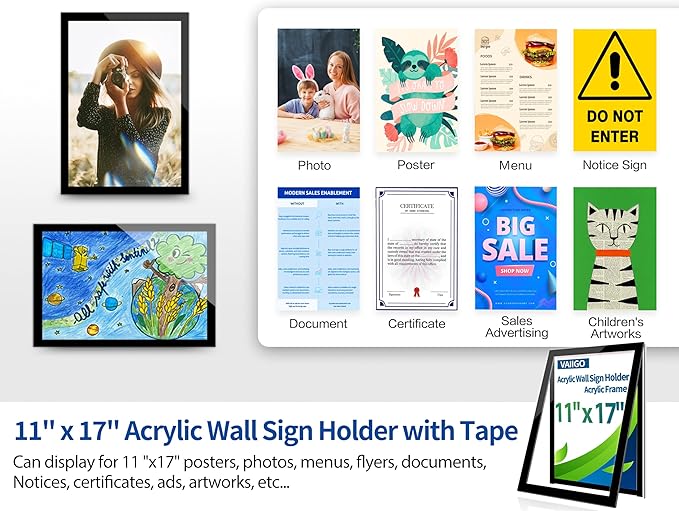 Acrylic Magnetic Sign Holder Wall Mount, Self Adhesive Magnetic Display Frame with Nano Tape and Strong Magnetic Border for Wall, Door, Glass, Home, Store, Office (Black, 11" x 17" / 10 Pack)