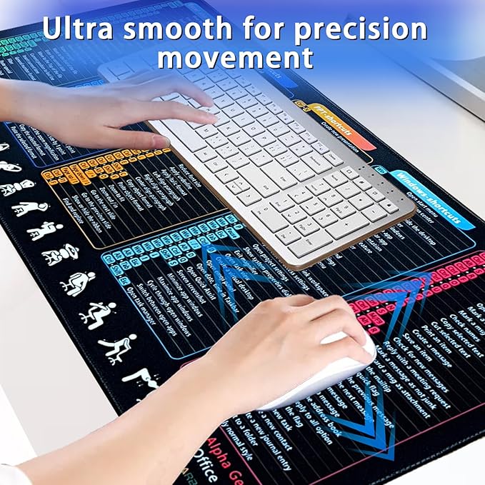 Windows/Excel/Word/PPT/Classic Outlook Cheat Sheet Desk Pad, MS Office Shortcuts Mouse pad, PC Desk Mousepad Mat,Non-Slip Stitched Edge, Employee Appreciation Gifts (27.4x11.8x0.12in)