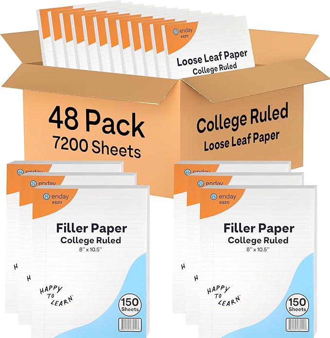Loose Leaf Paper Bulk, 7200 Sheets, College Ruled, (48 Pack) 150 Sheets Per Pack, 8" x 10.5" White Filler Paper, 3 Hole Punched Binder Paper for 3 Ring Binders, Notebook Paper - By Enday