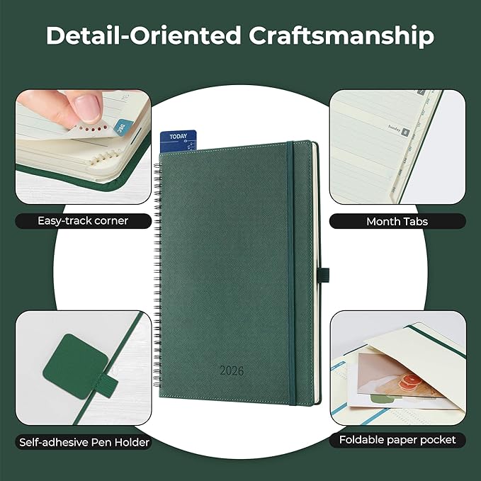 Planner 2026 Daily Weekly and Monthly,11.5"x8.5",12 Months Spiral Bound Calendar Agenda with Self-adhesive Pen Holder,2026 Appointment Book with Vegan Leather Soft Cover,Green