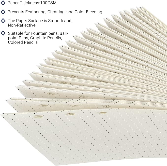 A6 Dot-Ruled Refill Paper, 100gsm Thick Beige No-Bleed Sheets (2 Packs, 80 Sheets Each), Pre-Punched – Fits A6 6-Ring Binders for Office, School & Teachers