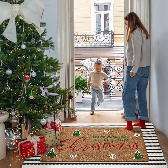 2 Pcs Christmas Door Mat Outdoor Have Yourself a Merry Little Christmas Nature Coir Welcome Outdoor Rug Black White Stripe Xmas Rugs for Front Porch Floor Indoor Entrance Decor