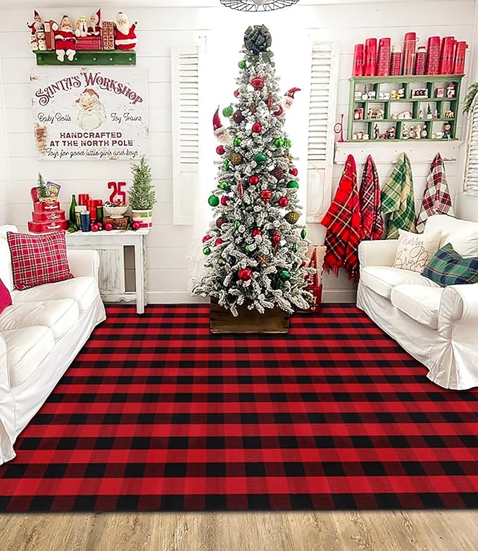 Ckorzen Red and Black Plaid Rug, 8' x 10' Christmas Front Porch Outdoor Rug, Handwoven Cotton Washable Rug for Layered Door Mats, Holiday Entryway and Home Décor