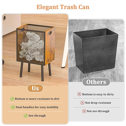 4.5 Gallon Office Trash Can for Near Desk, Wood Bedroom Trashcan Rectangular Wastebasket with Mesh - Handles - Leg, Small Garbage Can Trash Bin for Office Bedroom Living Room Bathroom Dorm