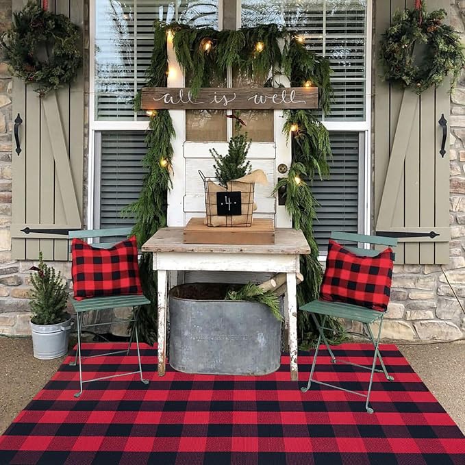 Red and Black Plaid Rug, 4' x 6' Check Outdoor Front Door Decorative Mat, Cotton Woven Rug for Layered Door Mats Washable Carpet for Porch, Entryway, Farmhouse, Christmas, Halloween